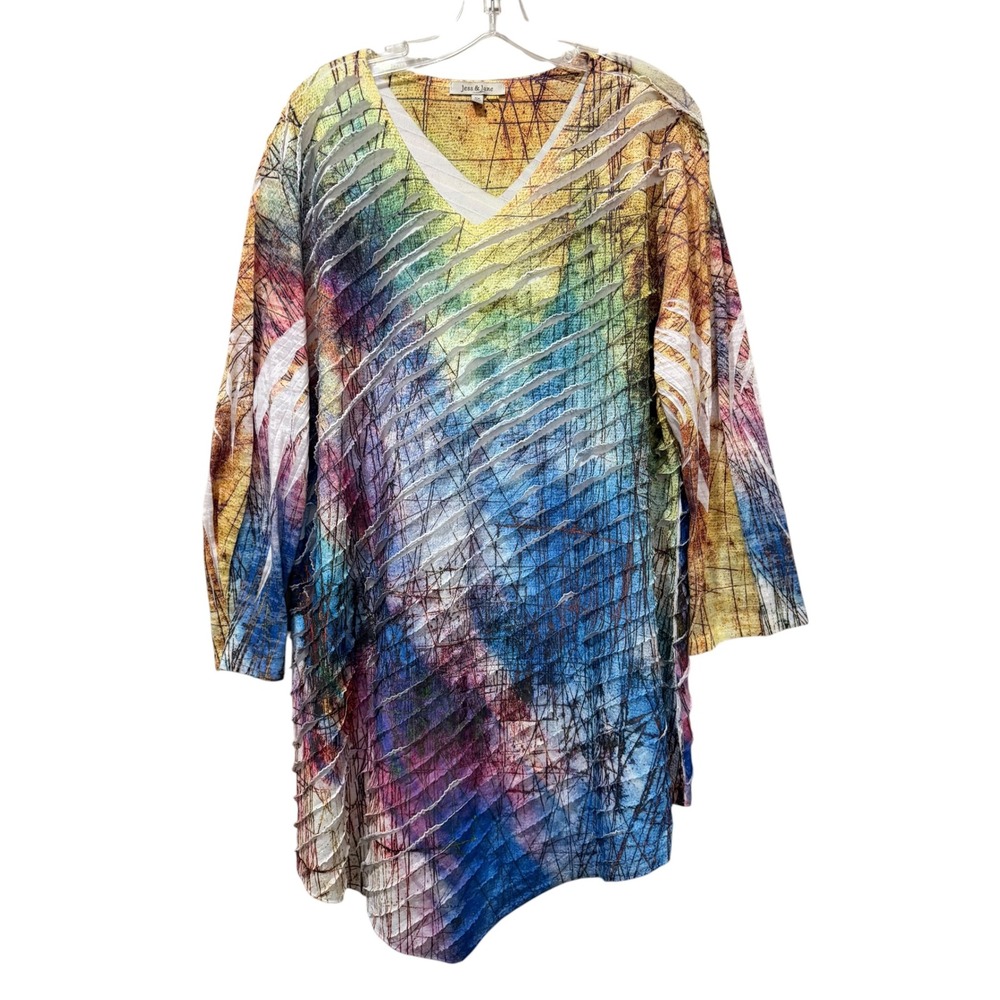 Jess & Jane Women 3X Tunic Top Abstract Multi Color Slash Textured V-Neck USA